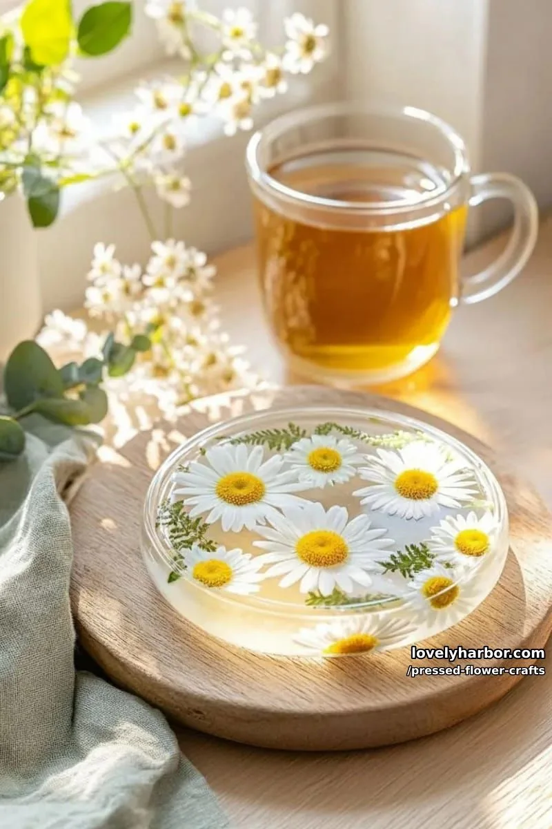 transparent resin coasters with floating daisies and greenery embedded inside 1