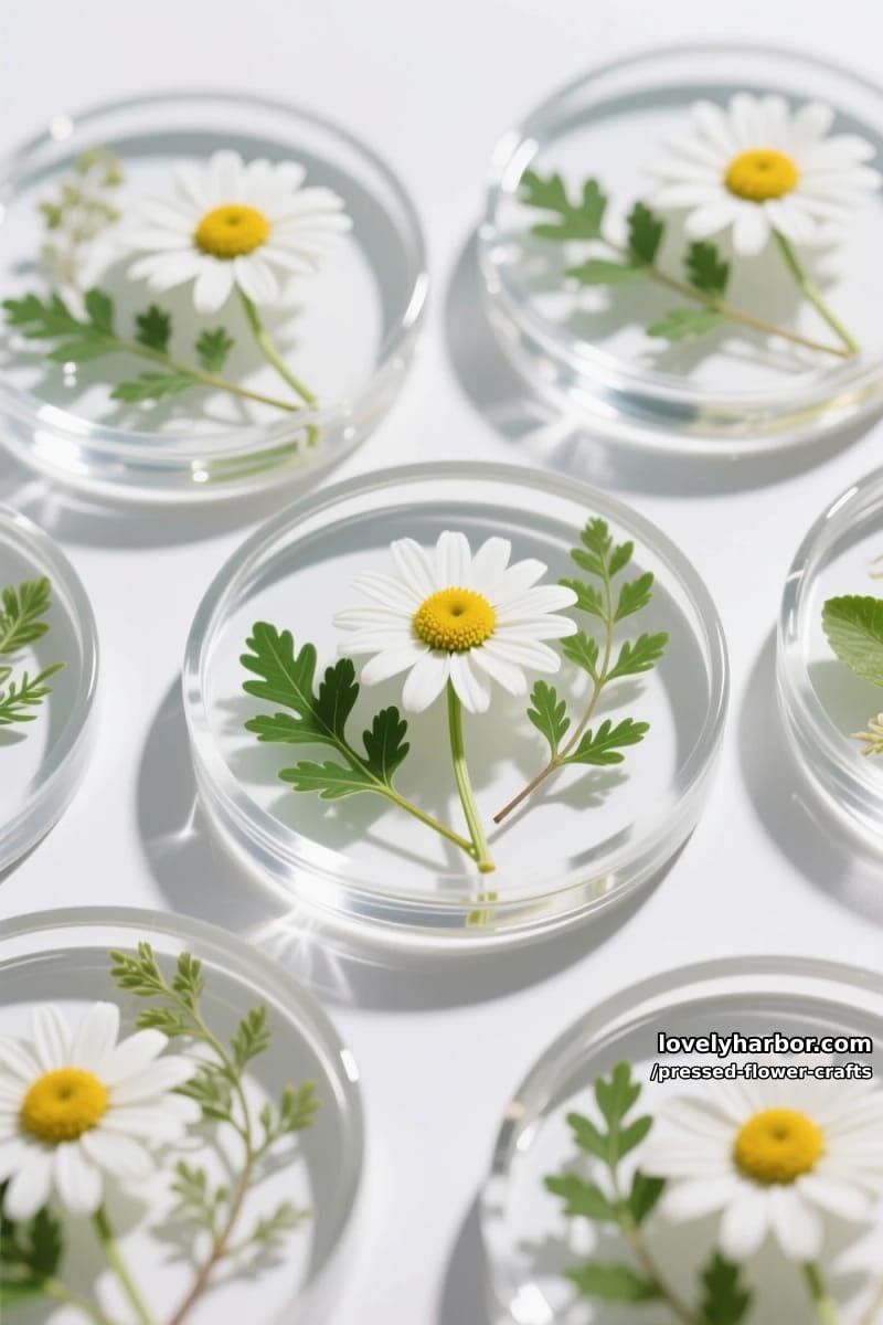 transparent resin coasters with floating daisies and greenery embedded inside 1
