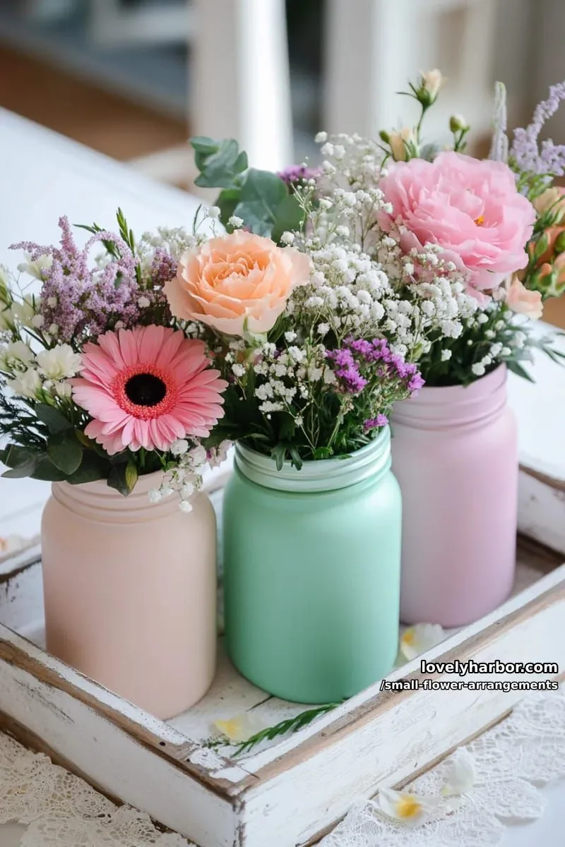 19 Classy Small Flower Arrangements to Cheer You Up in Spring 46 trio of mini bouquets in pastel painted jam jars 1