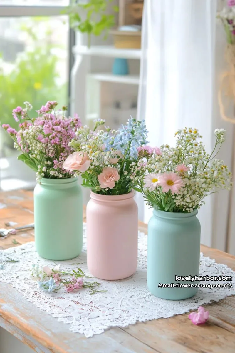19 Classy Small Flower Arrangements to Cheer You Up in Spring 47 trio of mini bouquets in pastel painted jam jars 1