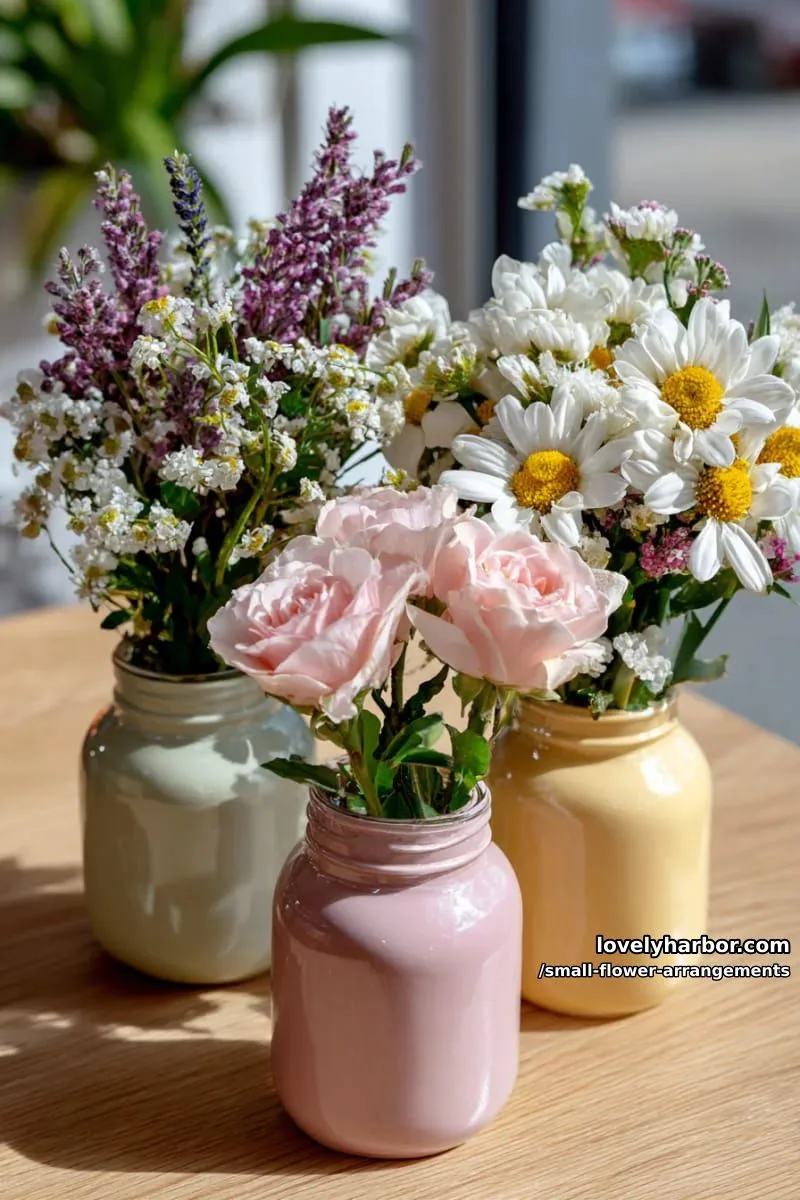19 Classy Small Flower Arrangements to Cheer You Up in Spring 48 trio of mini bouquets in pastel painted jam jars 1