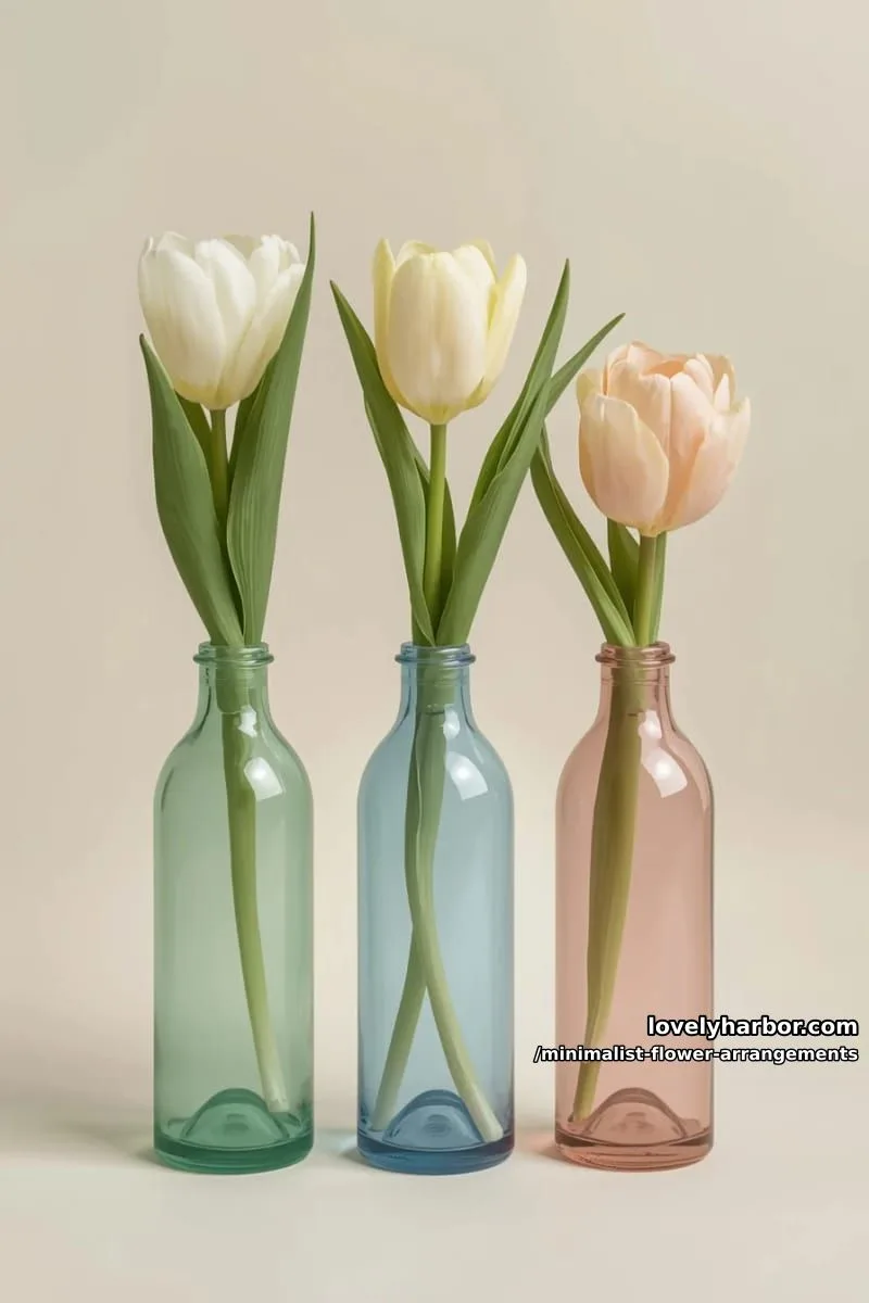 15 Chic Minimalist Flower Arrangements: Simple Designs with Huge Impact 10 trio of tulips in slender pastel glass bottles 1