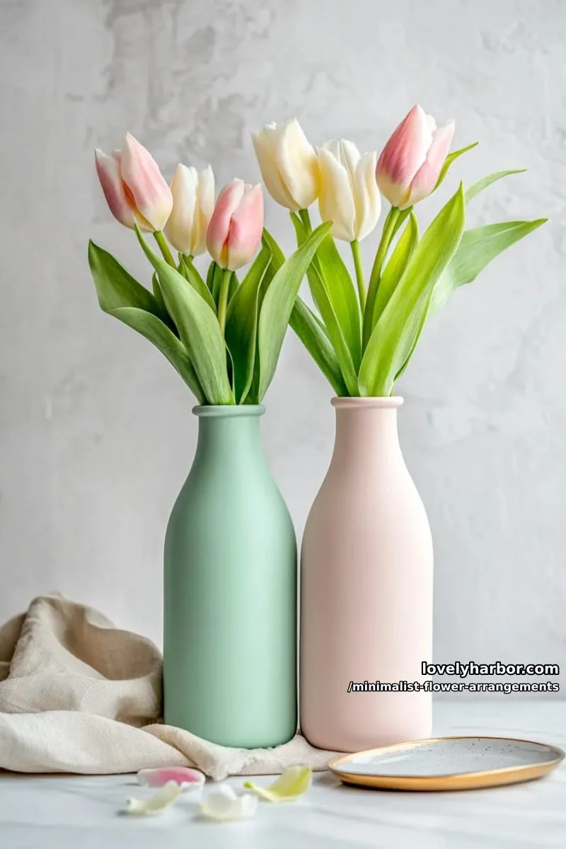 15 Chic Minimalist Flower Arrangements: Simple Designs with Huge Impact 8 trio of tulips in slender pastel glass bottles 1