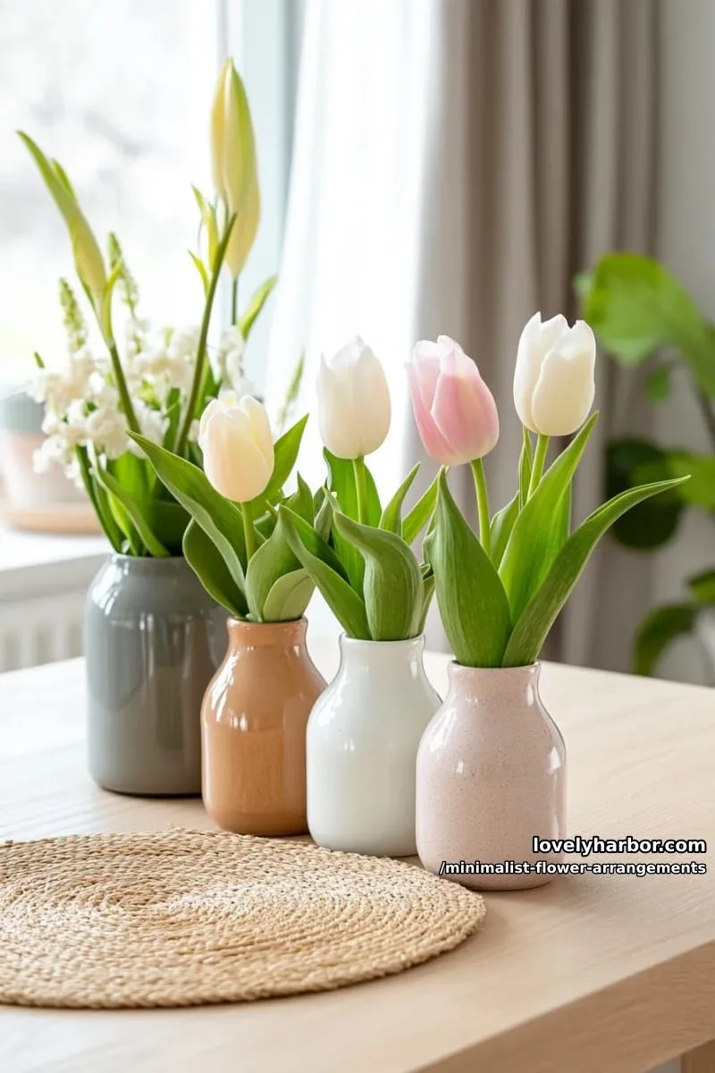 15 Chic Minimalist Flower Arrangements: Simple Designs with Huge Impact 9 trio of tulips in slender pastel glass bottles 1