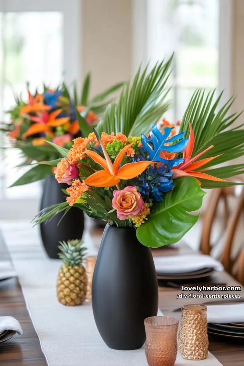 tropical bird-of-paradise and palm fronds in tall black vases 1