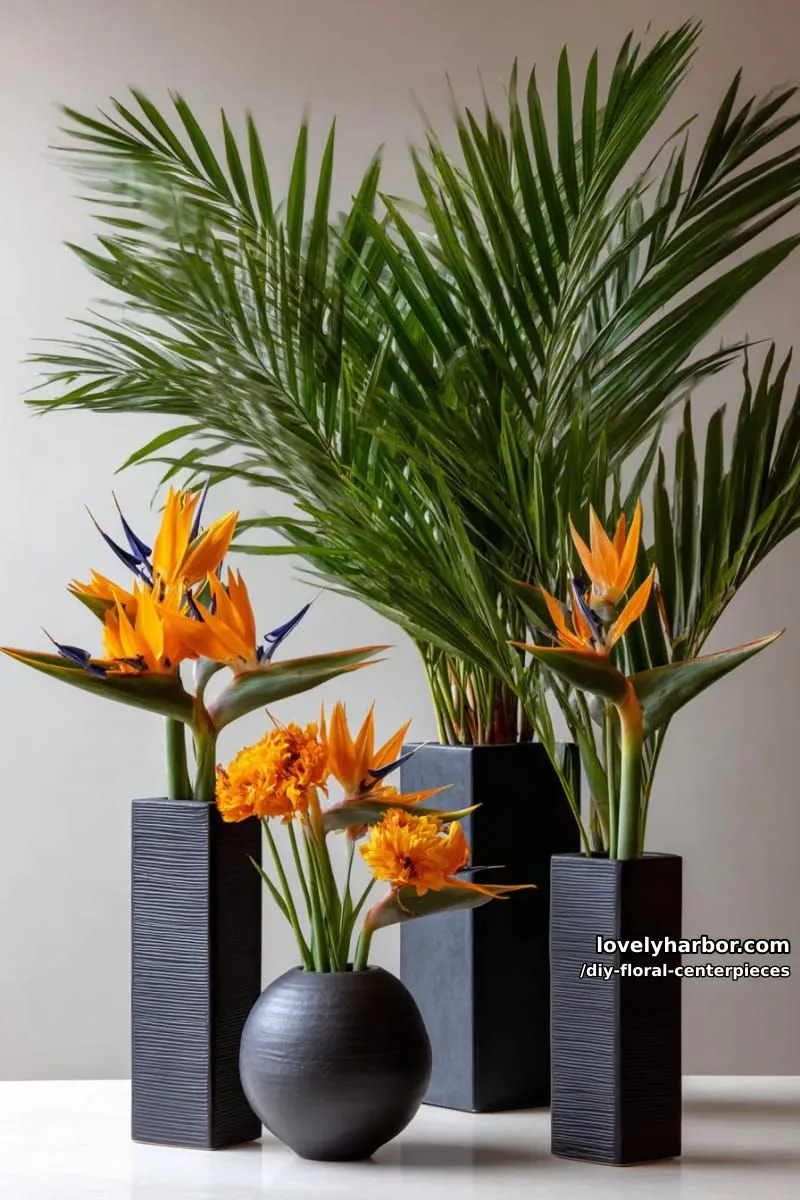 tropical bird-of-paradise and palm fronds in tall black vases 1
