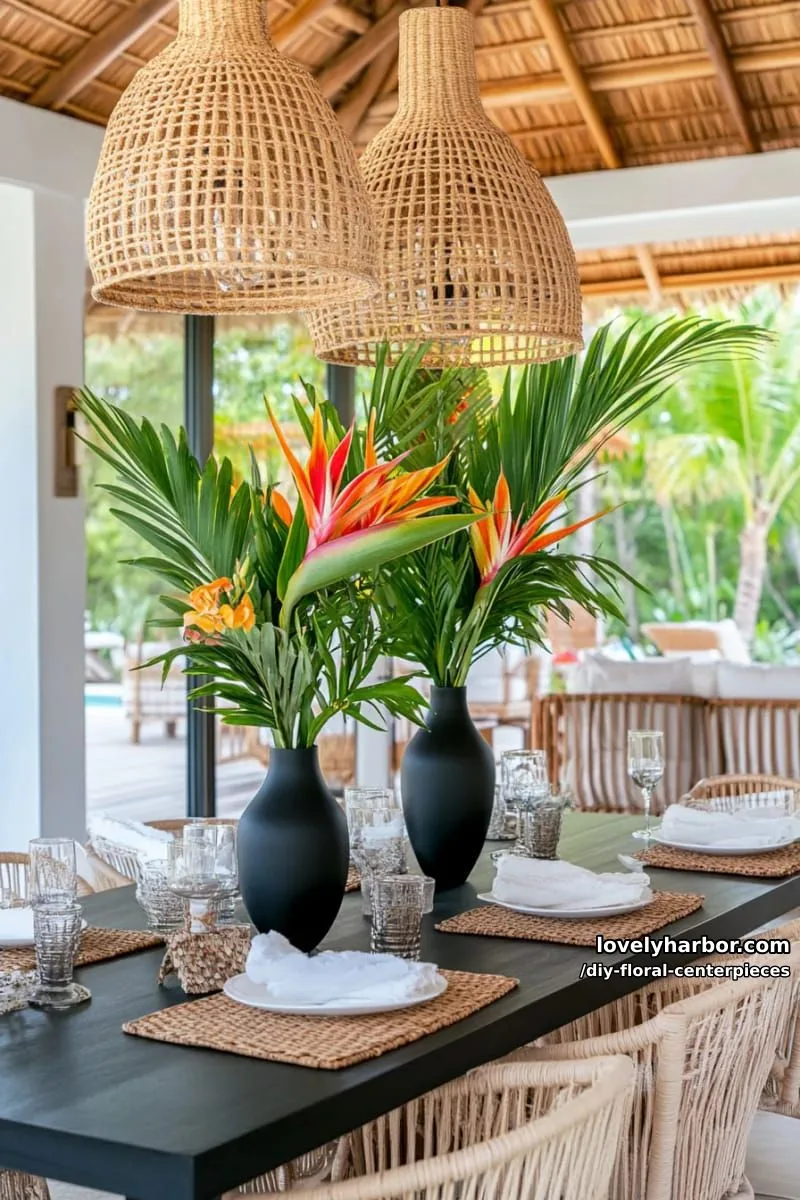 tropical bird-of-paradise and palm fronds in tall black vases 1
