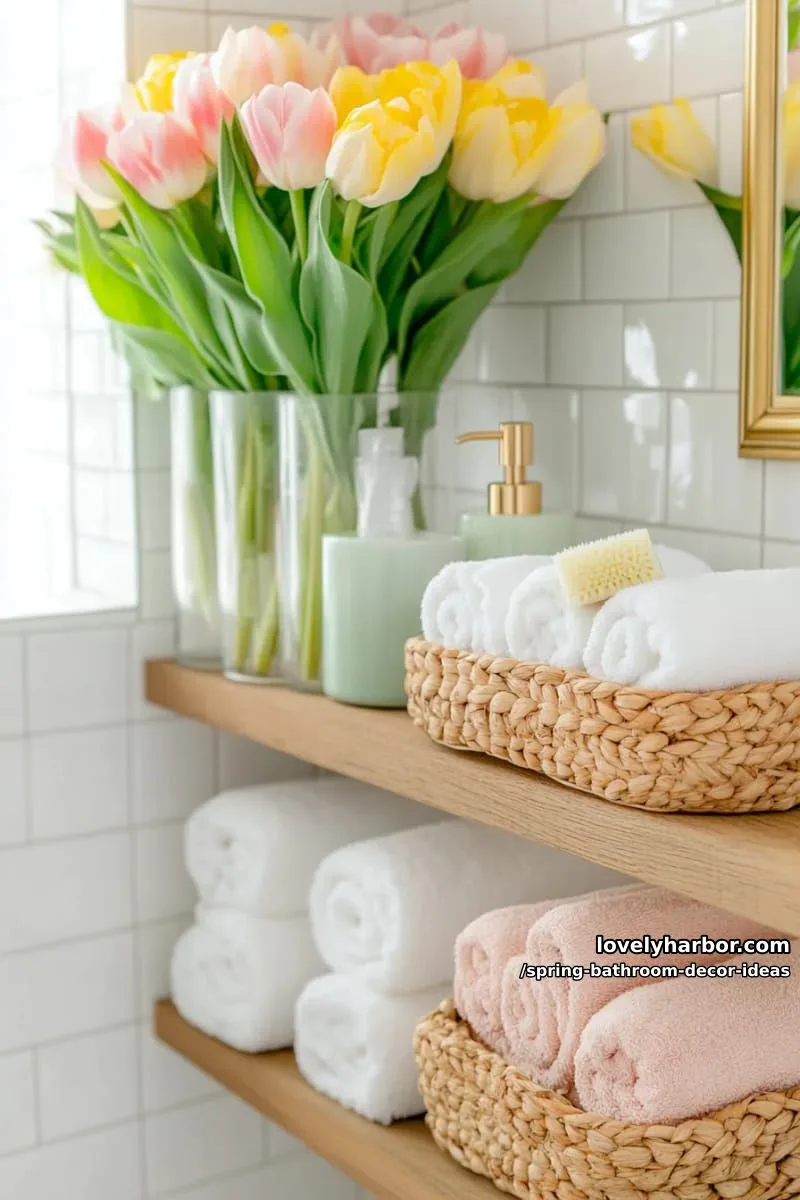 tulip-filled glass vases on floating shelves with woven baskets underneath 1