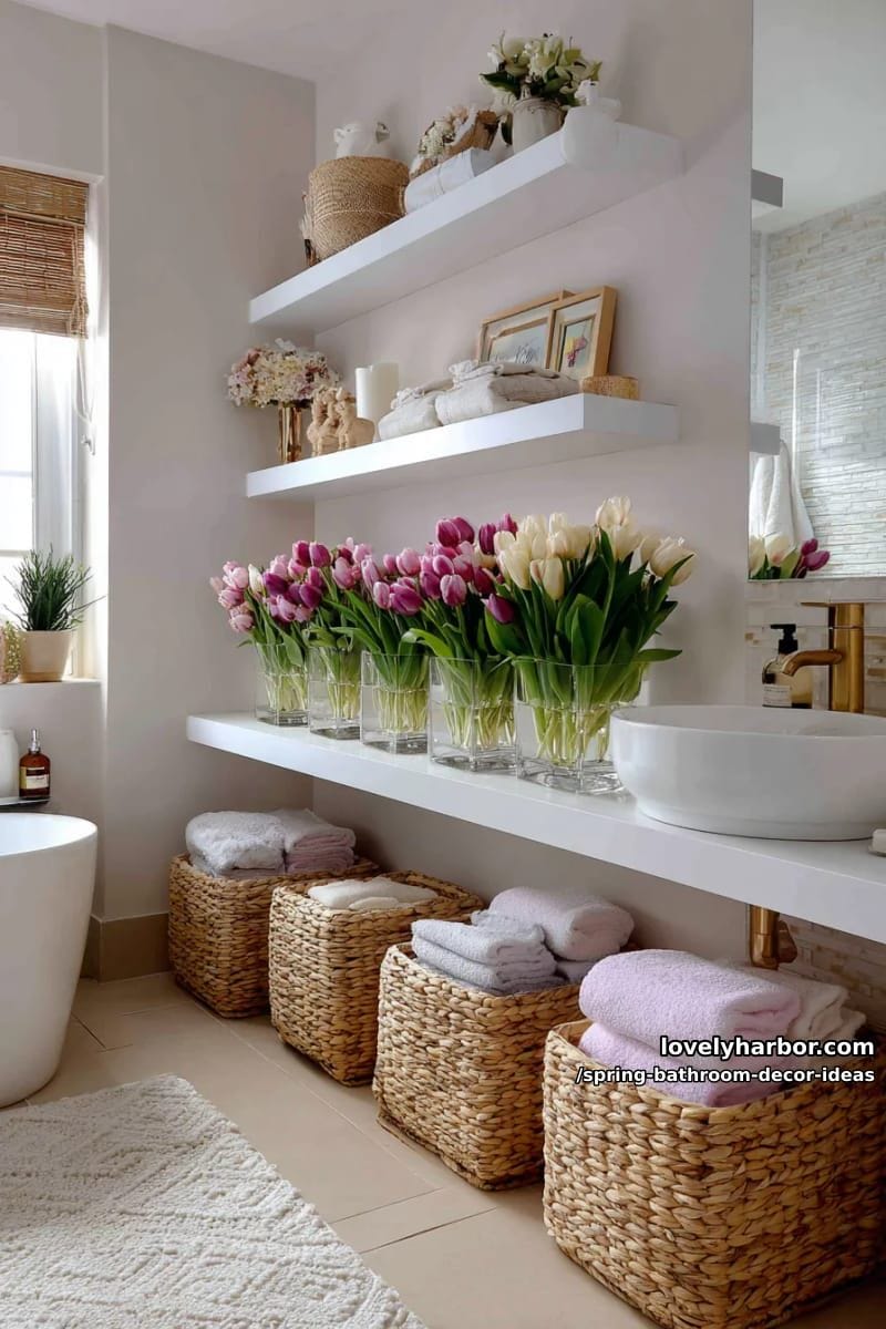 tulip-filled glass vases on floating shelves with woven baskets underneath 1