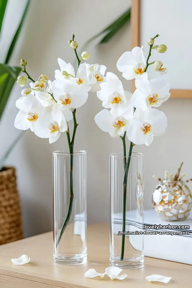 15 Chic Minimalist Flower Arrangements: Simple Designs with Huge Impact 23 two orchid stems in clear test tube vases, spaced apart 1
