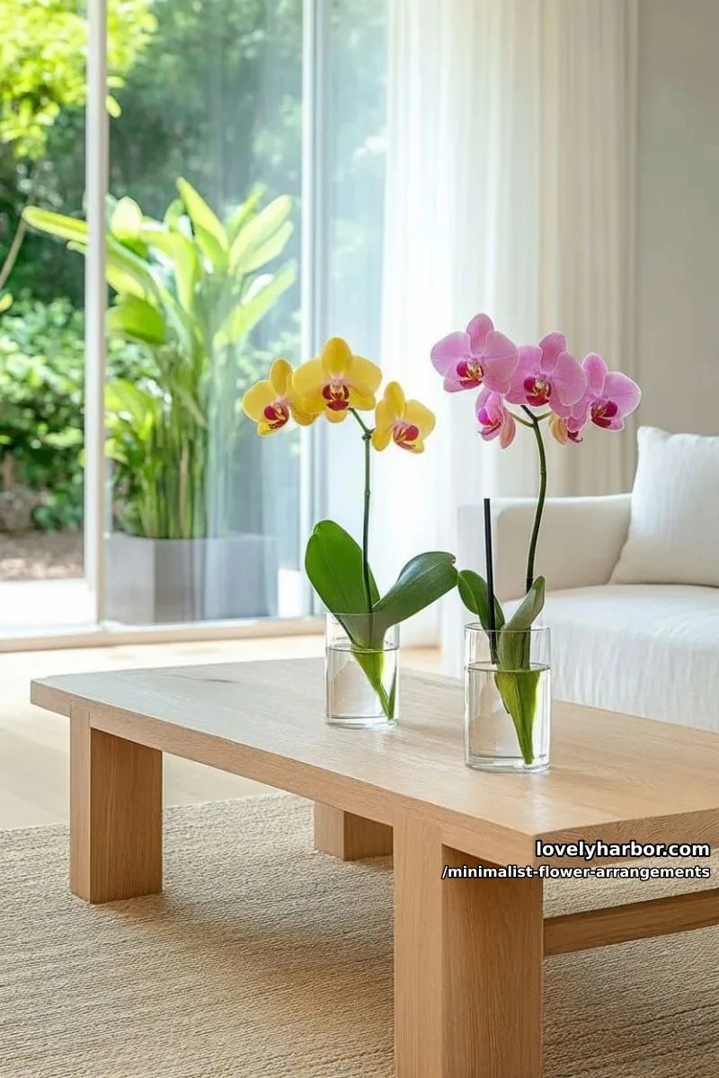15 Chic Minimalist Flower Arrangements: Simple Designs with Huge Impact 24 two orchid stems in clear test tube vases, spaced apart 1