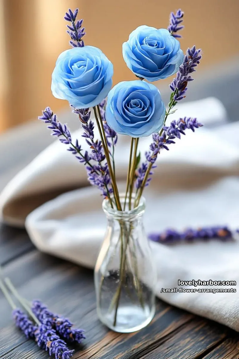 19 Classy Small Flower Arrangements to Cheer You Up in Spring 43 unusual combo of artificial blue roses and dried lavender 1