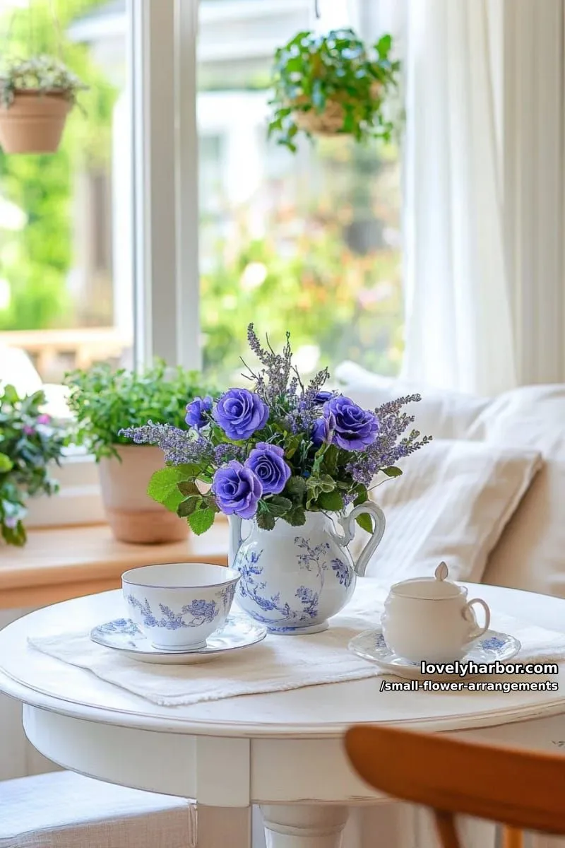 19 Classy Small Flower Arrangements to Cheer You Up in Spring 44 unusual combo of artificial blue roses and dried lavender 1