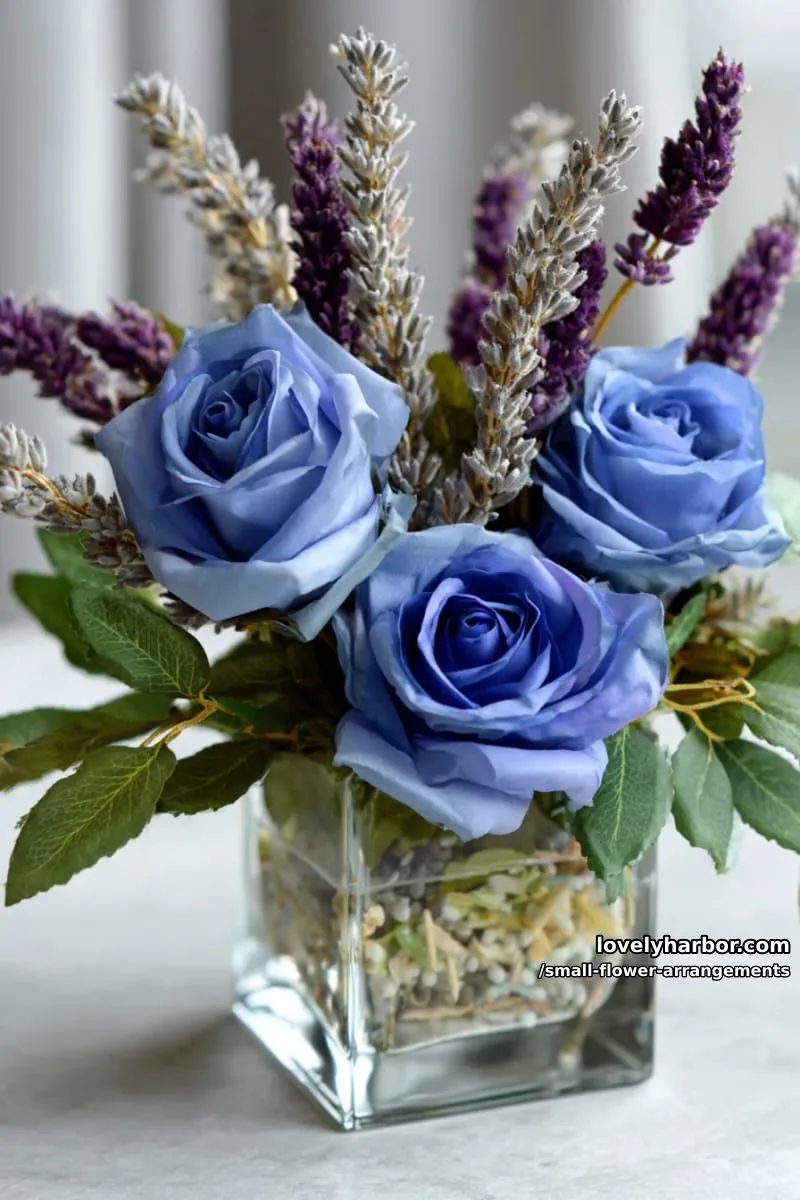 19 Classy Small Flower Arrangements to Cheer You Up in Spring 45 unusual combo of artificial blue roses and dried lavender 1