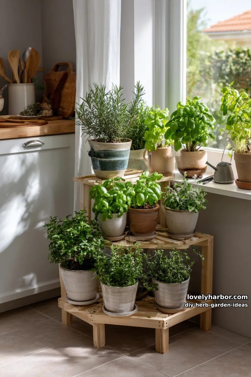 use a tiered planter stand indoors for a lush kitchen herb corner. 1