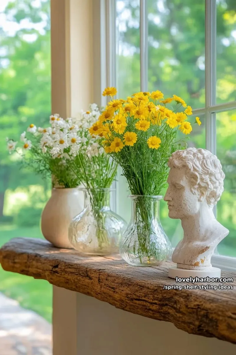 use clear vases of wildflowers paired with sculptural white figurines for contrast. 1