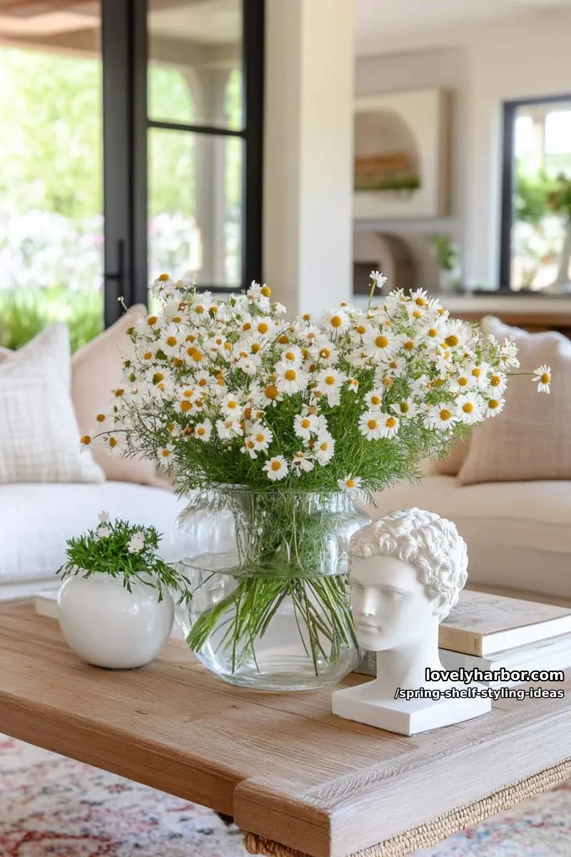 use clear vases of wildflowers paired with sculptural white figurines for contrast. 1