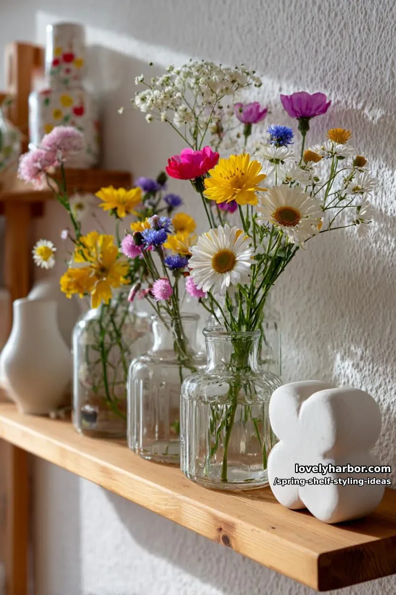 use clear vases of wildflowers paired with sculptural white figurines for contrast. 1