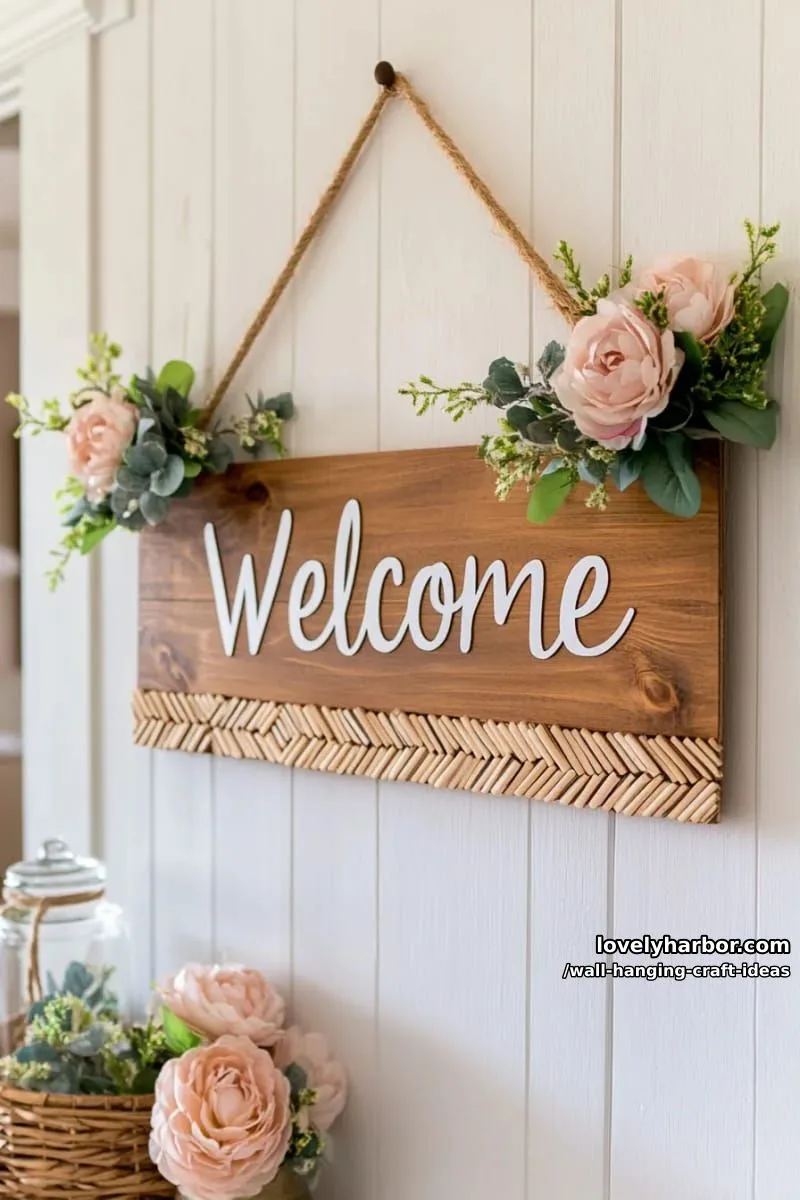 15 Artistic Wall Hanging Crafts to Upgrade Your Home 29 use popsicle sticks and faux flowers for a rustic welcome sign wall piece. 1