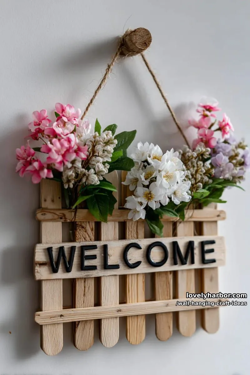 15 Artistic Wall Hanging Crafts to Upgrade Your Home 30 use popsicle sticks and faux flowers for a rustic welcome sign wall piece. 1