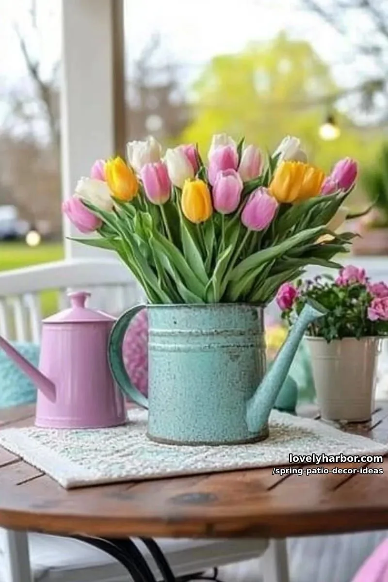 21 Spring Patio Decor Ideas To Welcome The New Season 20 use vintage watering cans filled with spring tulips as whimsical table centerpieces 1