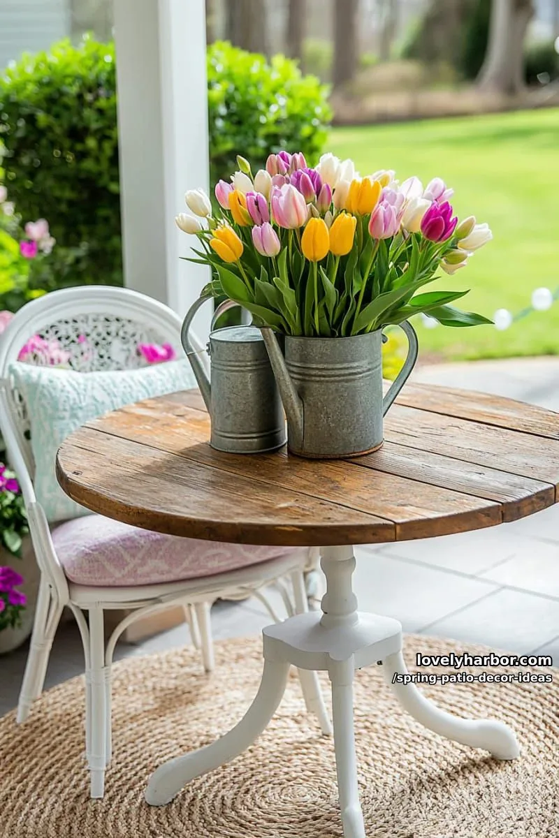 21 Spring Patio Decor Ideas To Welcome The New Season 21 use vintage watering cans filled with spring tulips as whimsical table centerpieces 1