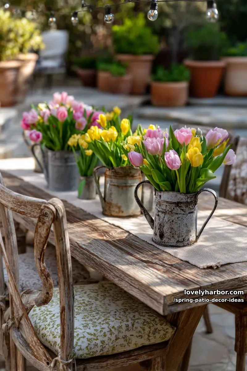 21 Spring Patio Decor Ideas To Welcome The New Season 22 use vintage watering cans filled with spring tulips as whimsical table centerpieces 1