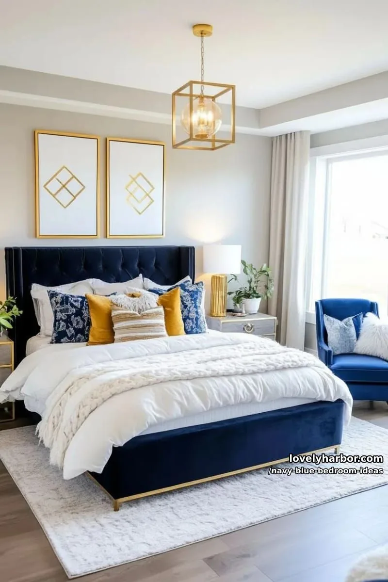 velvet navy blue bed frame with golden pendant lights and geometric wall art 1