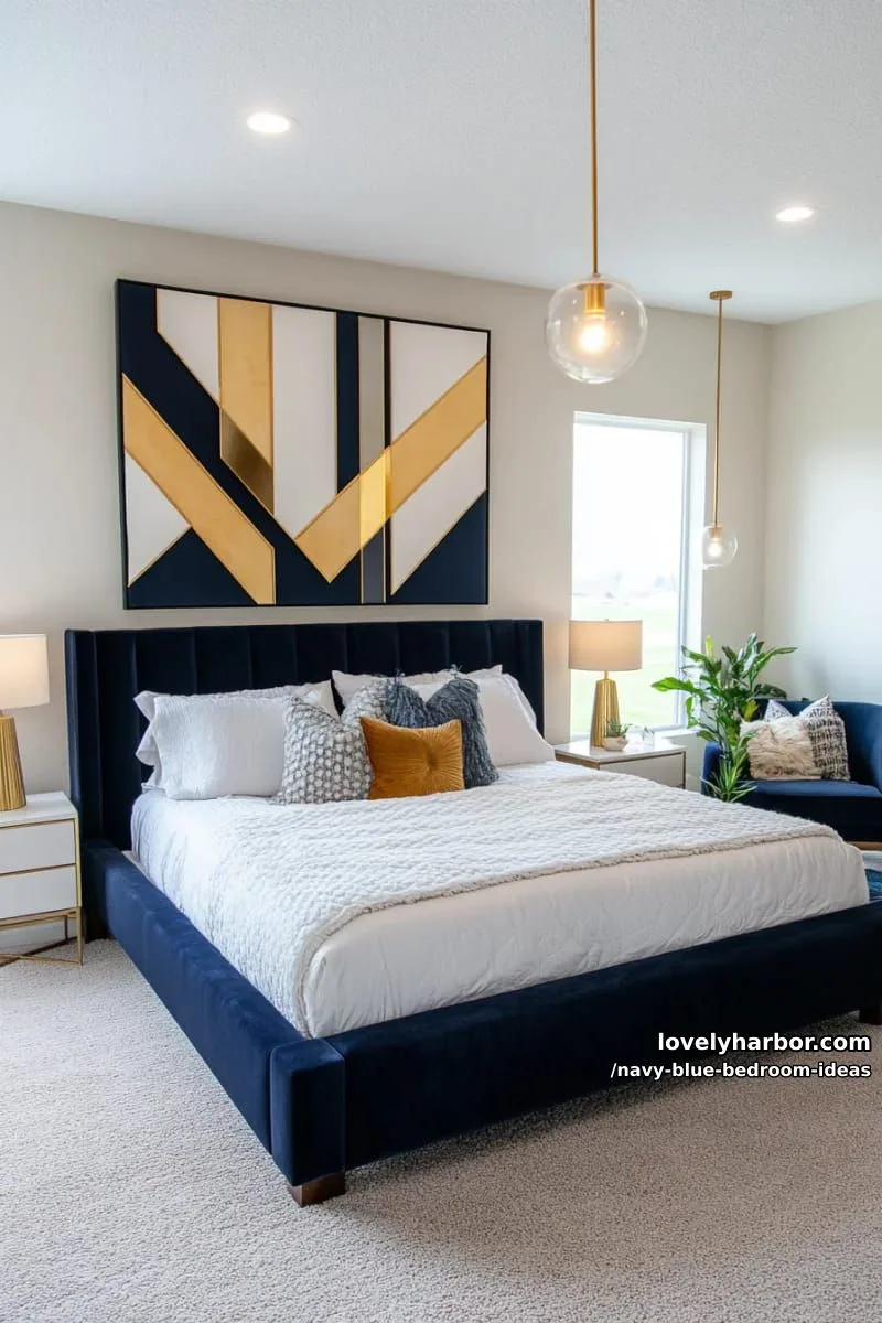 velvet navy blue bed frame with golden pendant lights and geometric wall art 1