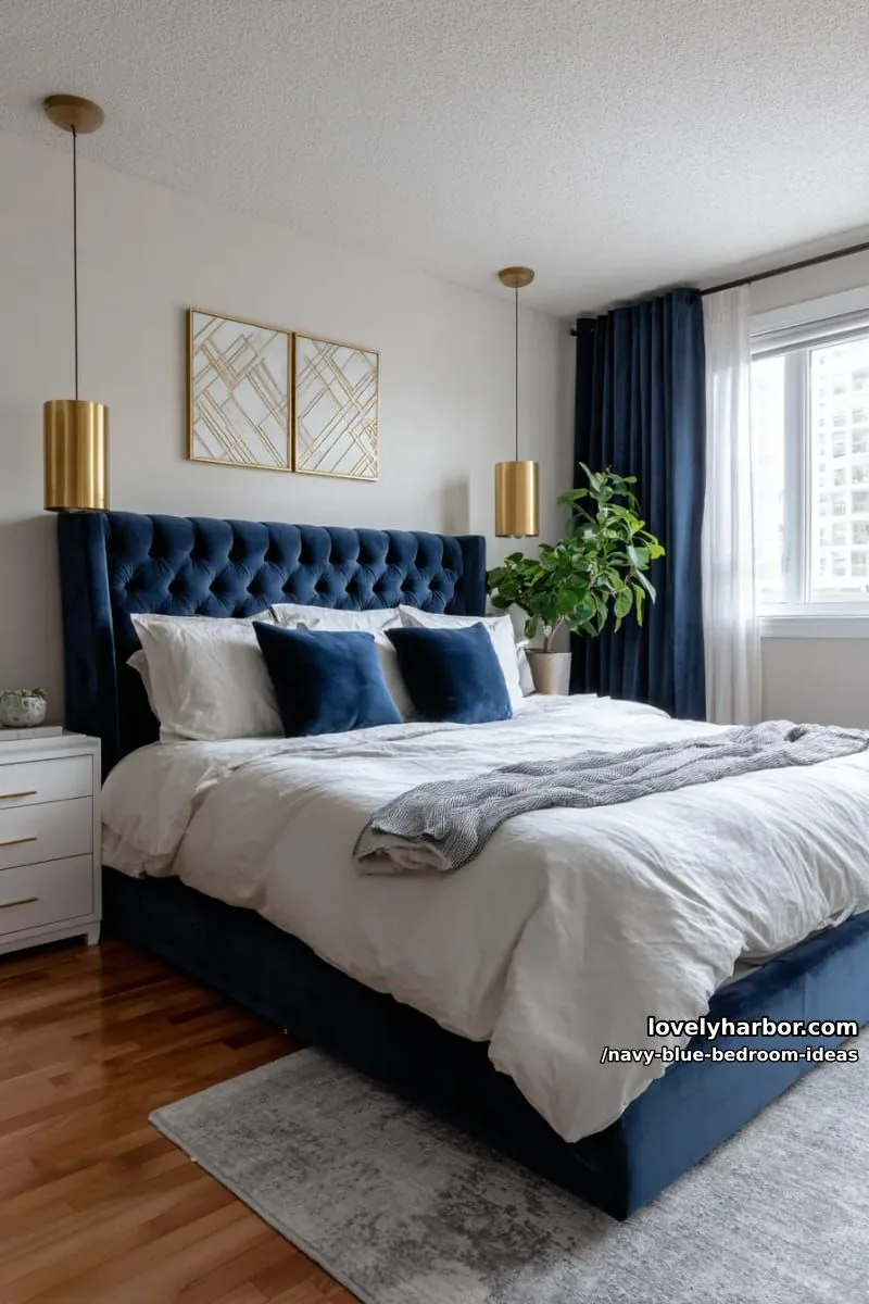 velvet navy blue bed frame with golden pendant lights and geometric wall art 1