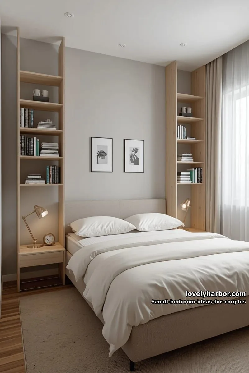 vertical shelving beside the bed for both partners’ nighttime reads 1