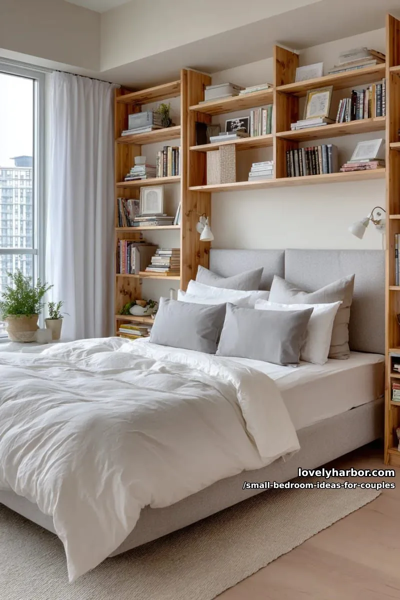 vertical shelving beside the bed for both partners’ nighttime reads 1