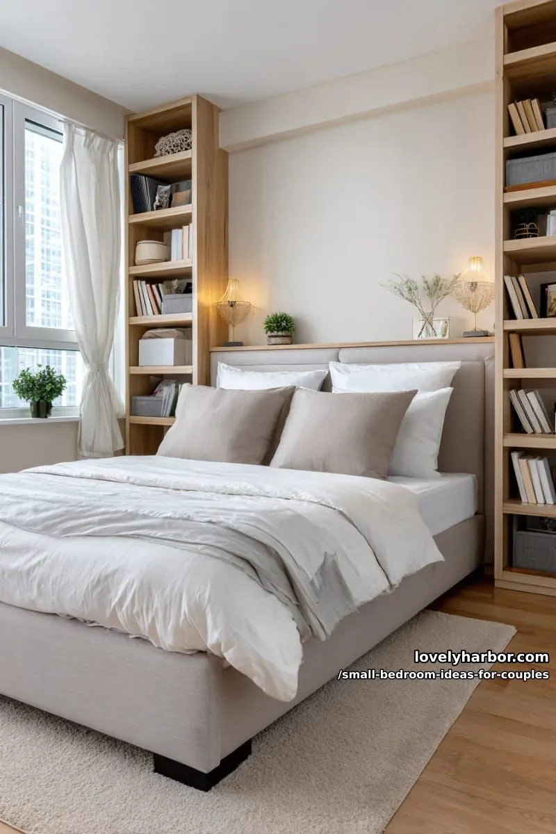 vertical shelving beside the bed for both partners’ nighttime reads 1