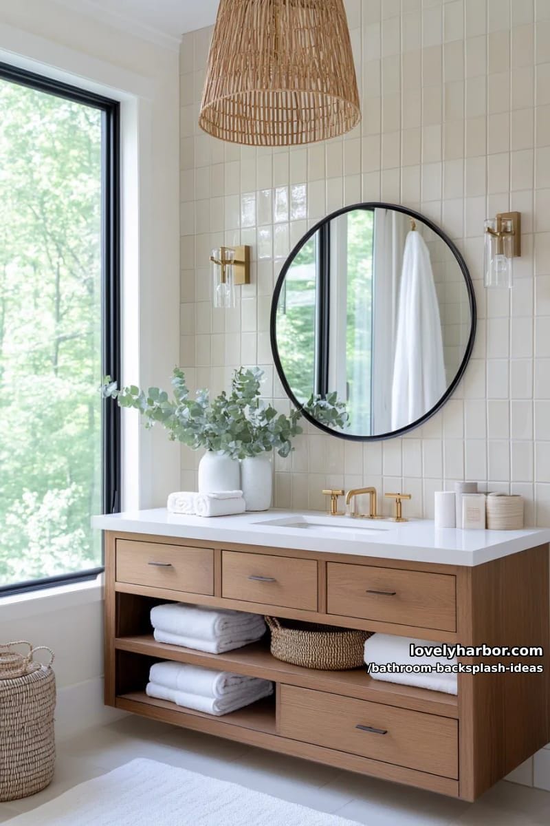 vertical stacked subway tiles in soft beige with warm wood accents 1