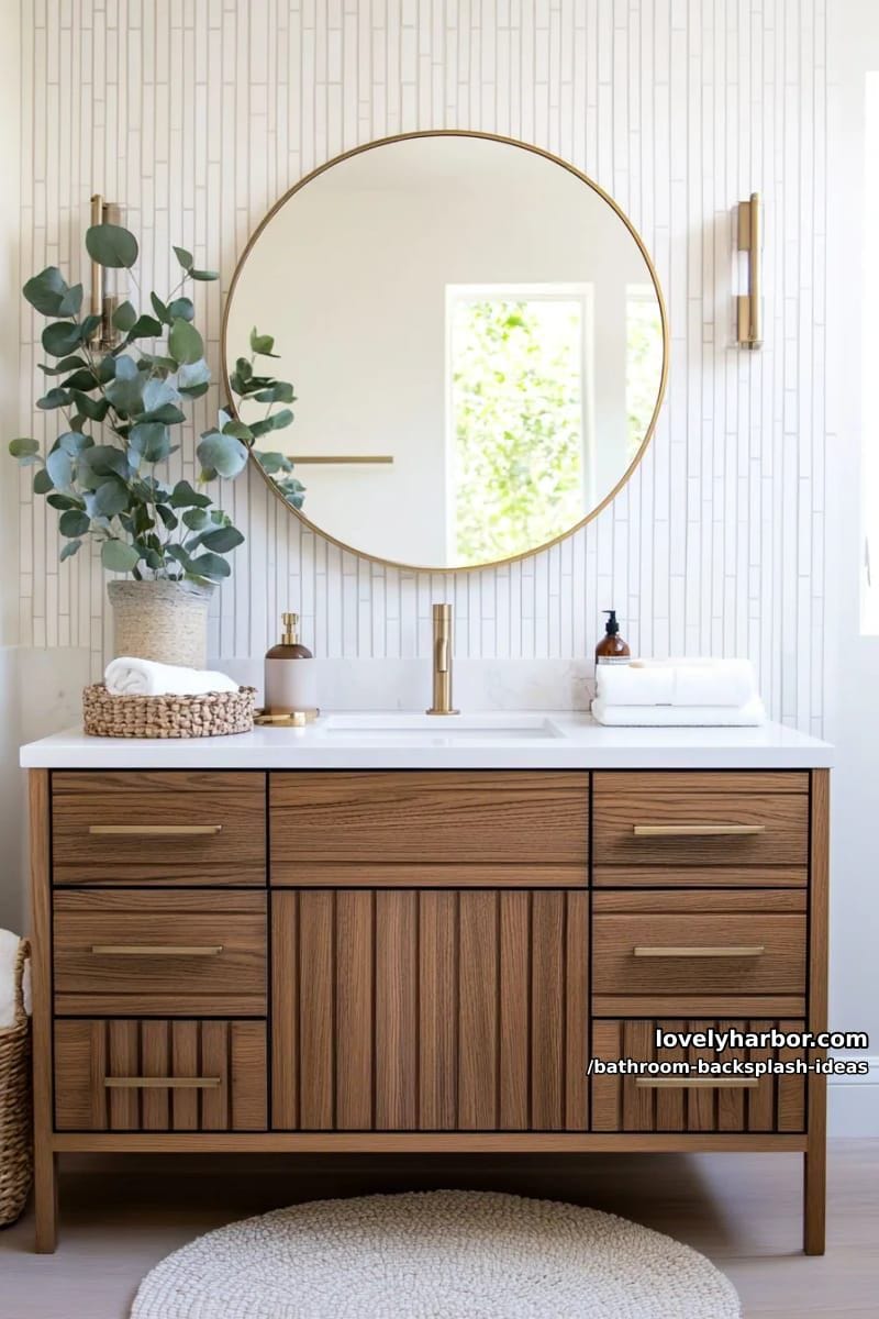 vertical stacked subway tiles in soft beige with warm wood accents 1