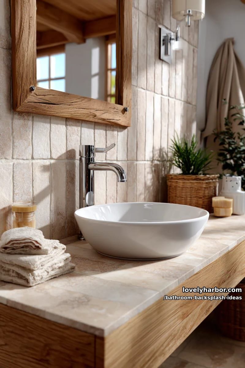 vertical stacked subway tiles in soft beige with warm wood accents 1