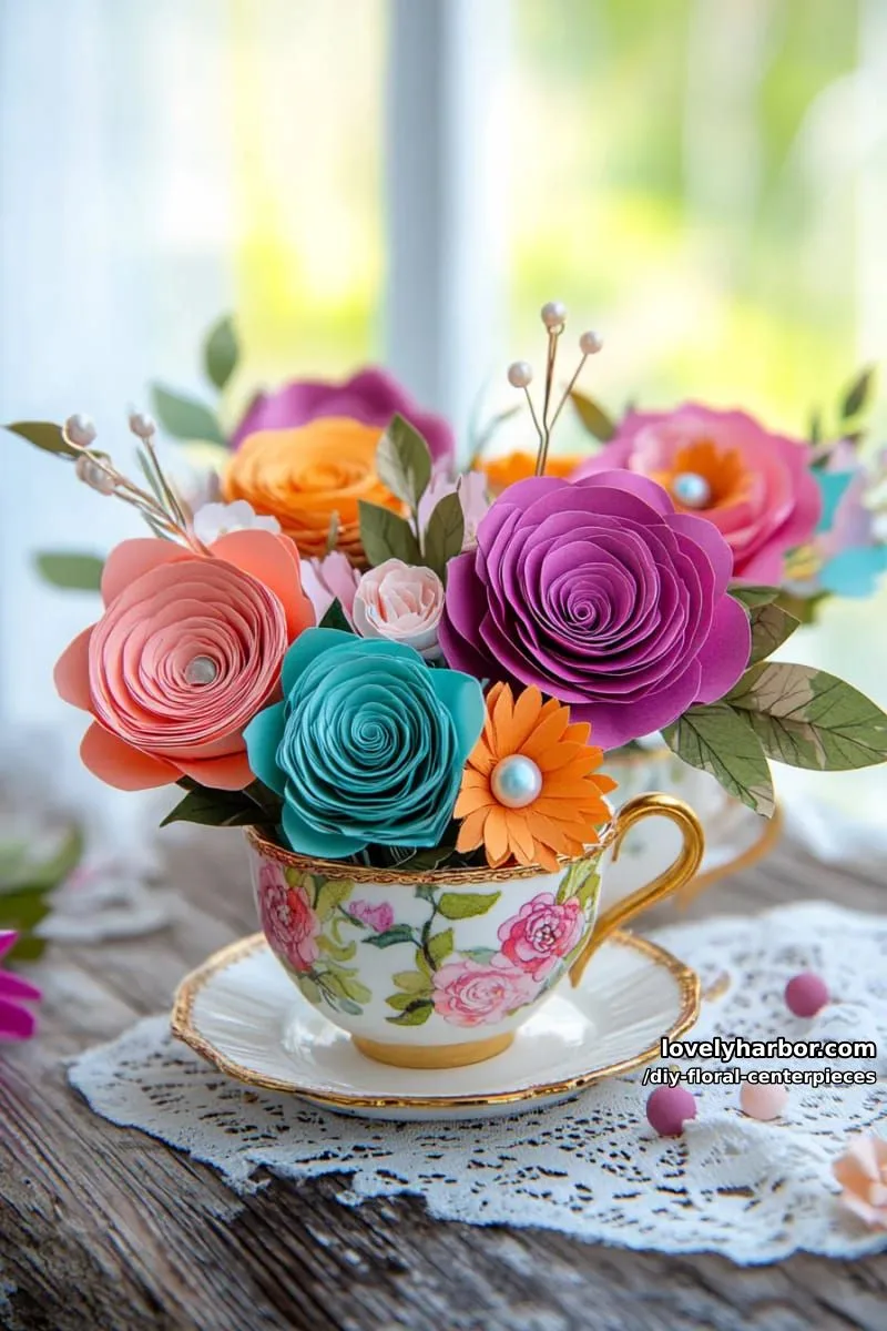 vibrant paper flower bouquet in vintage teacups for a whimsical touch 1