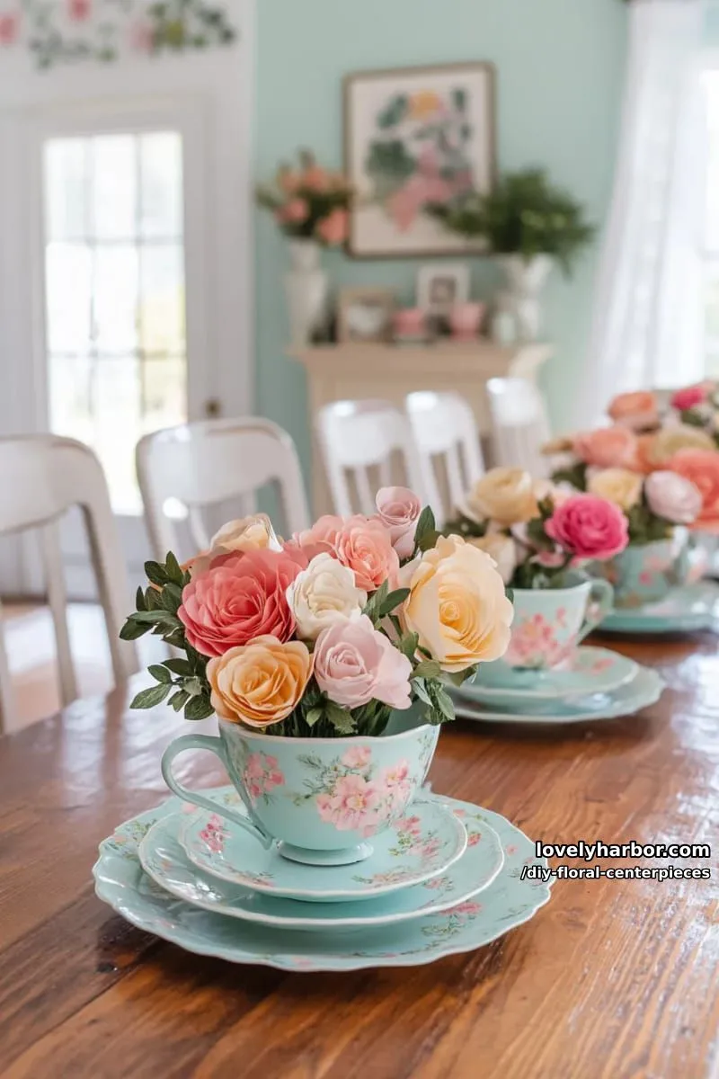 vibrant paper flower bouquet in vintage teacups for a whimsical touch 1