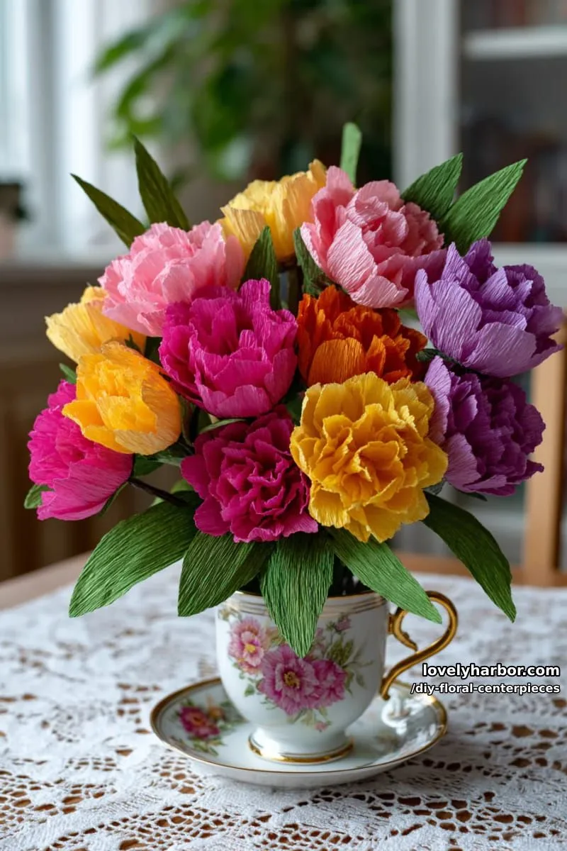 vibrant paper flower bouquet in vintage teacups for a whimsical touch 1