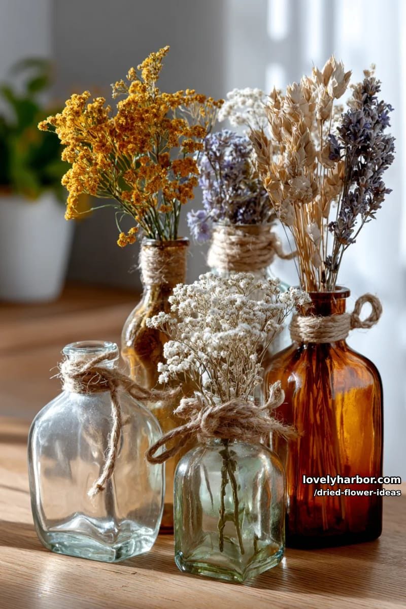 vintage glass bottle collection with assorted dried flowers and twine accents 1