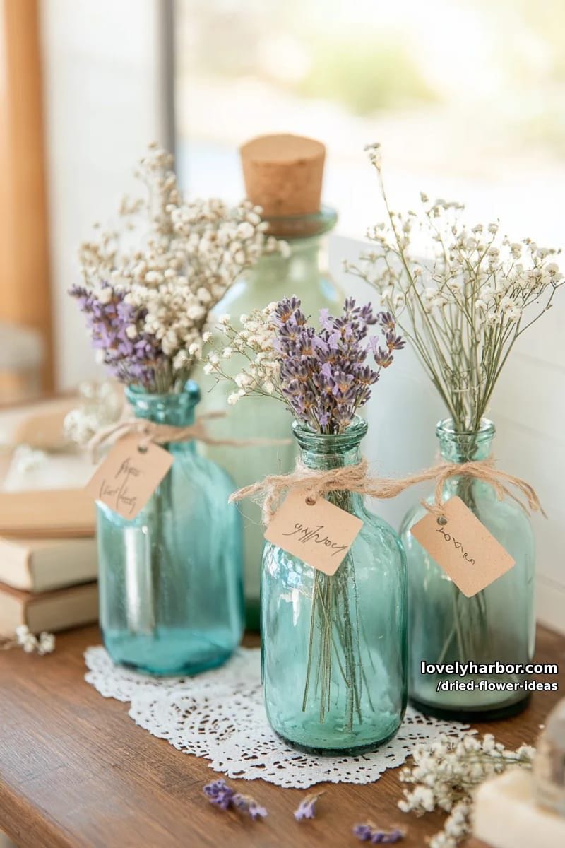 vintage glass bottle collection with assorted dried flowers and twine accents 1