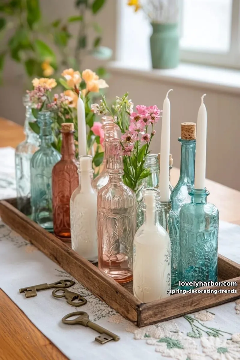 vintage glass bottles grouped as candle holders on a rustic tray 1