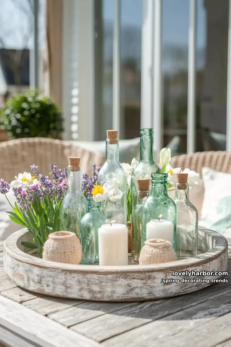 vintage glass bottles grouped as candle holders on a rustic tray 1