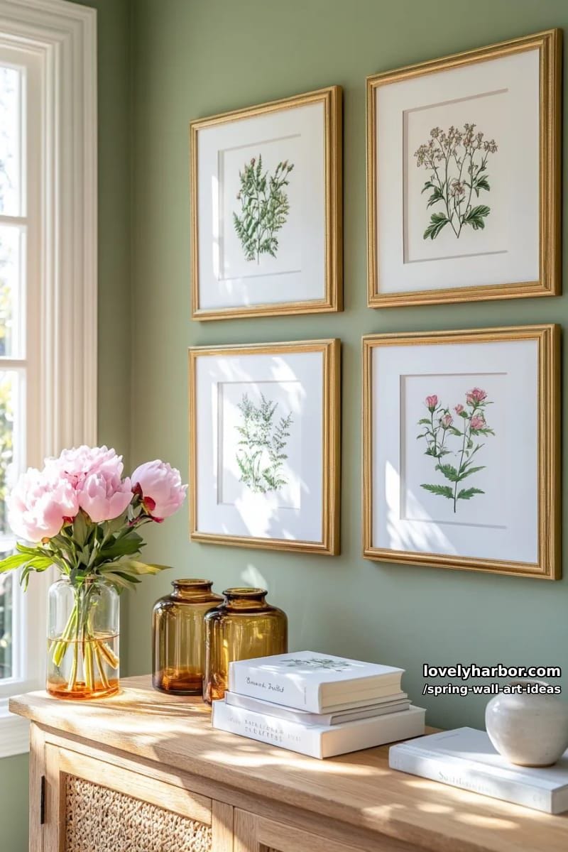 vintage-inspired botanical prints with delicate gold frames for a classic touch 1