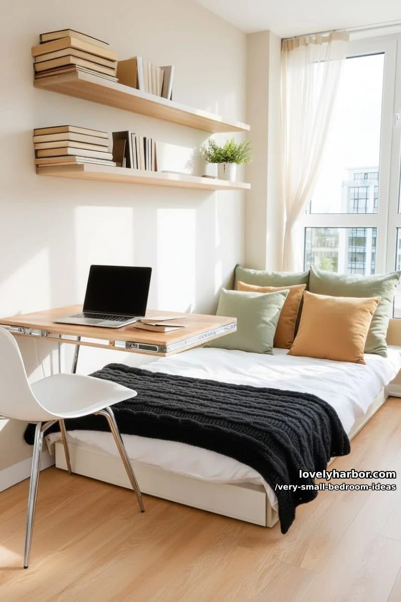 wall-mounted fold-down desk paired with a minimalist chair 1