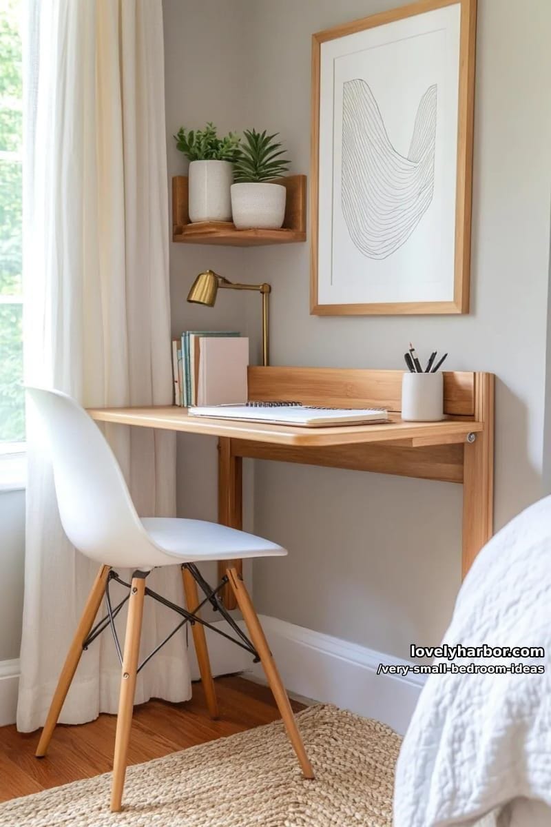 wall-mounted fold-down desk paired with a minimalist chair 1