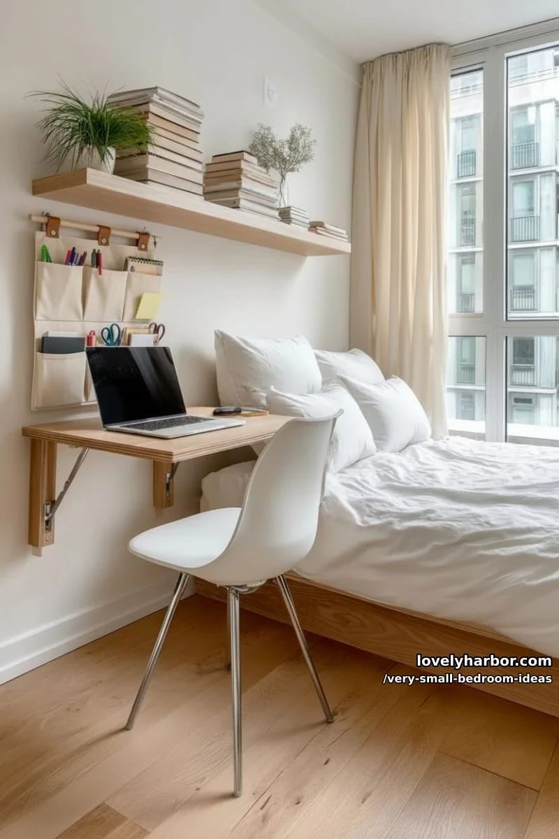 wall-mounted fold-down desk paired with a minimalist chair 1
