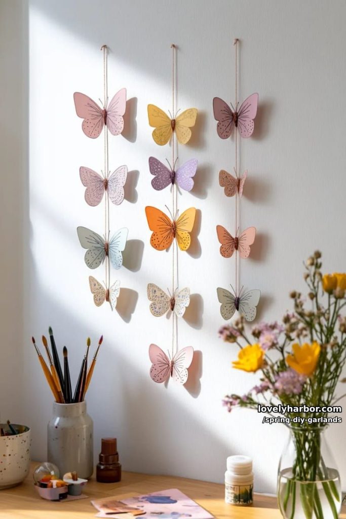 watercolor butterflies strung with invisible thread for a floating wall display 3