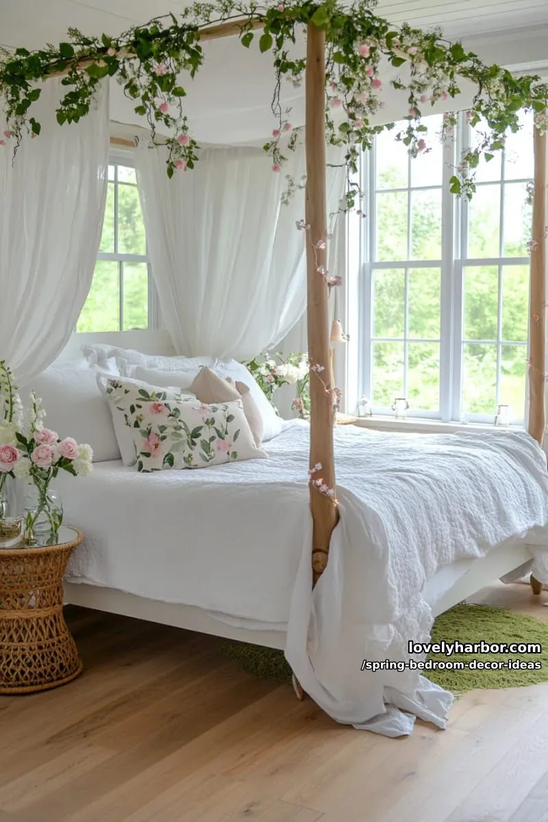 21 Unique Spring Bedroom Decor Ideas For 2026 53 weave trailing ivy and blossoms around a canopy bed for enchanted forest vibes. 1