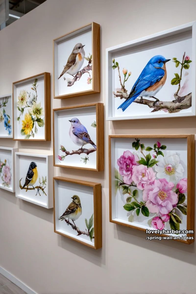 whimsical bird illustrations perched among watercolor florals for gallery wall ideas 1